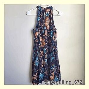 👗👜🌈💕 NWT Xhilaration Size M Navy Blue Orange Teal Floral Flowy High Neck Lin
